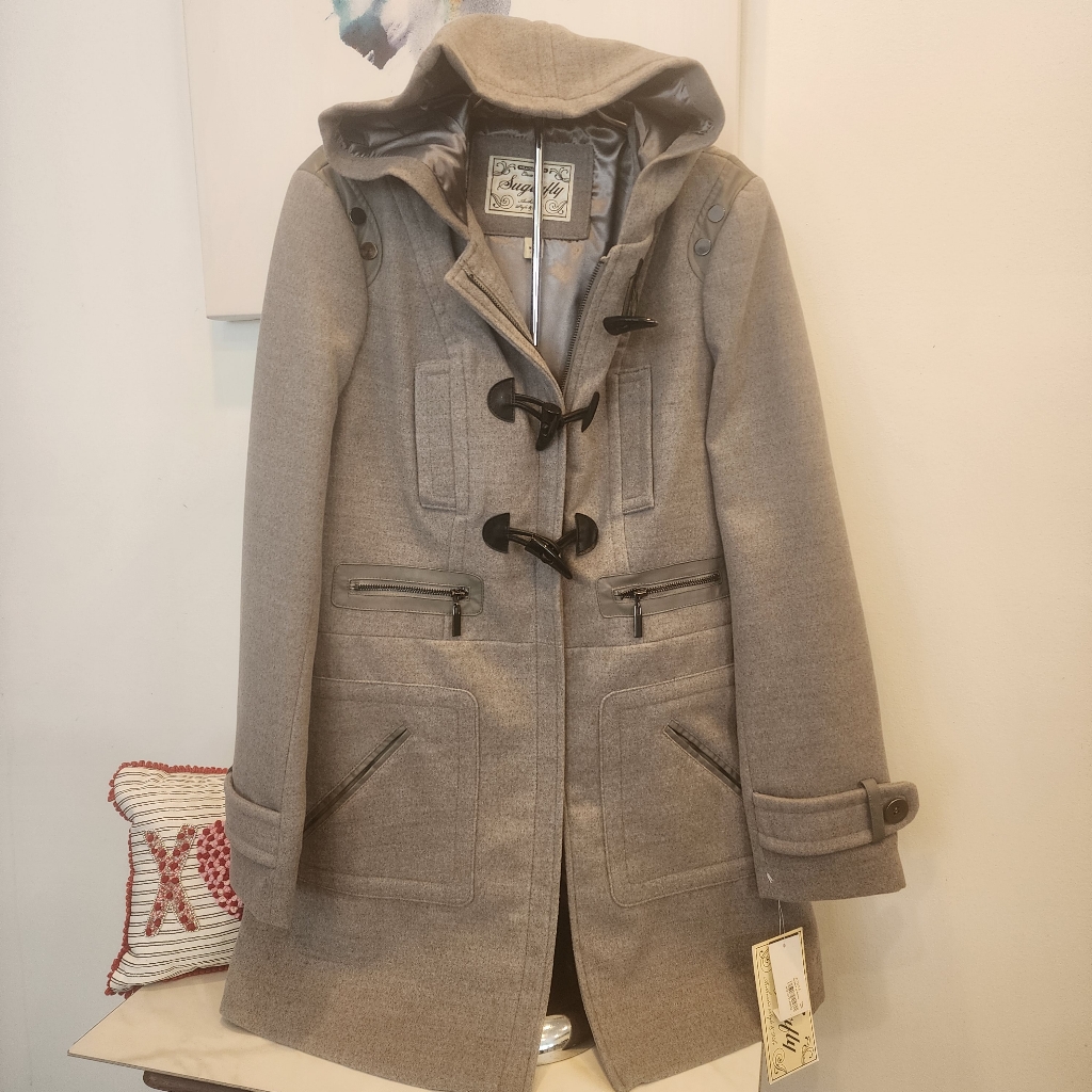 Womens Nwto Sugafly Gorgeous Grey, Lined Zip Up/ Button Long Coat Size L